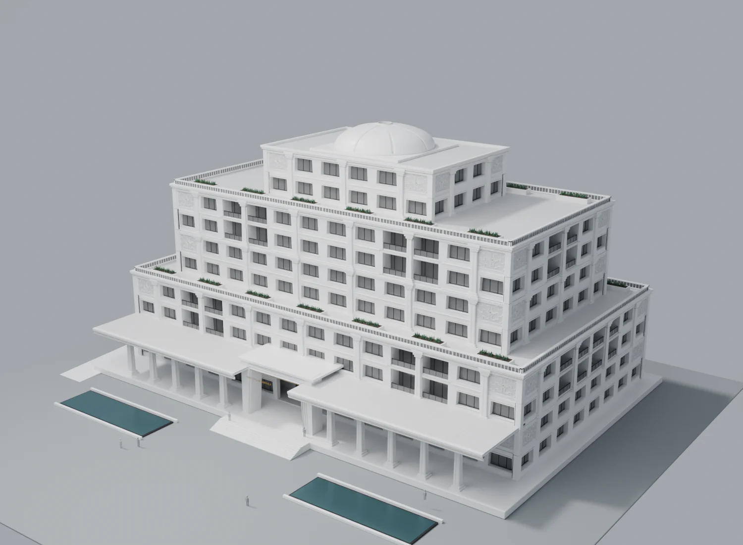 Modelo arquitectónico del instituto piloto de Thiya, con cuerpos de piedra blanca, pórticos, terrazas y estanques.