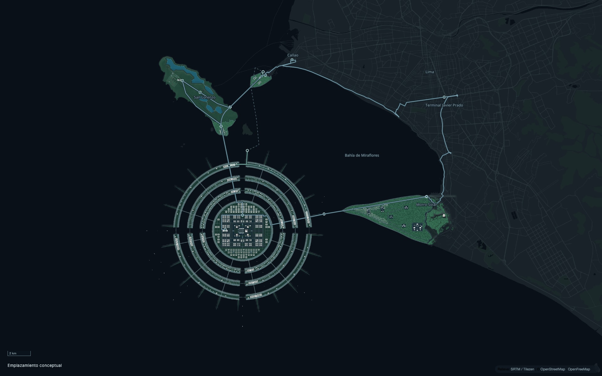 Mapa cenital de la propuesta de Thiya frente a Lima: el archipiélago al sur de San Lorenzo y sus conexiones con la costa y el Morro Solar.