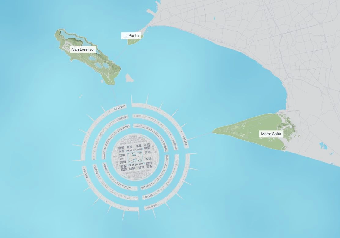 Mapa cenital de la propuesta de Thiya frente a Lima: el archipiélago al sur de San Lorenzo y sus conexiones con la costa y el Morro Solar.